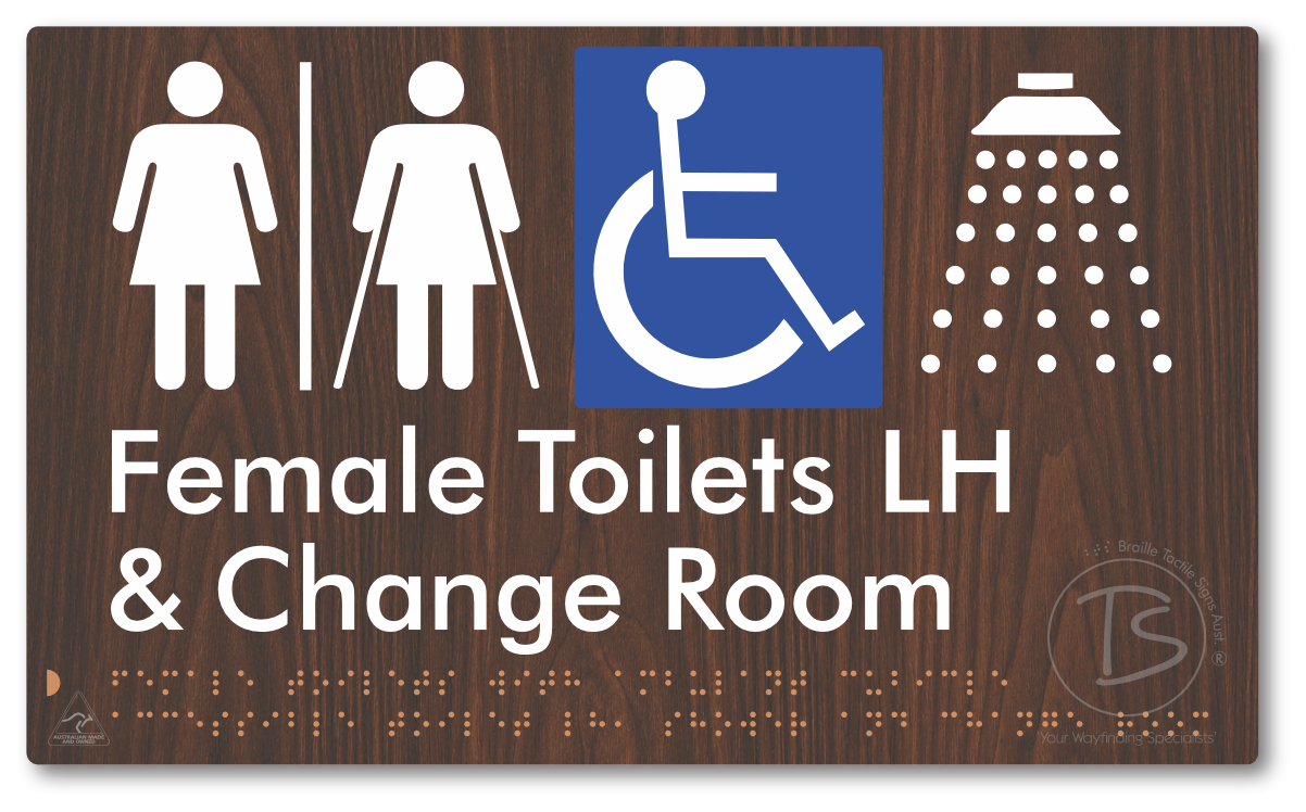 Female Toilets with Ambulant Cubicle Accessible Toilet LH, Shower and Change Room with Air Lock - Braille Tactile Signs Aust.