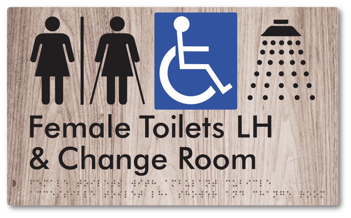 Female Toilets with Ambulant Cubicle Accessible Toilet LH, Shower and Change Room with Air Lock - Braille Tactile Signs Aust.