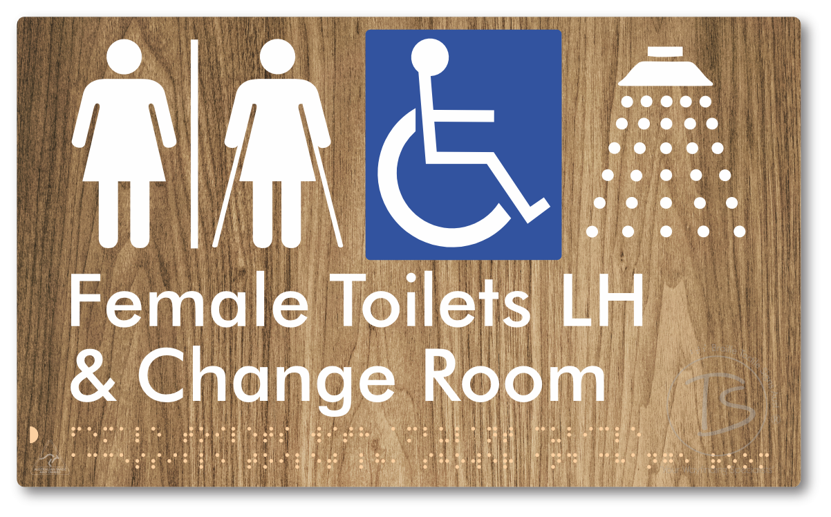 Female Toilets with Ambulant Cubicle Accessible Toilet LH, Shower and Change Room with Air Lock - Braille Tactile Signs Aust.