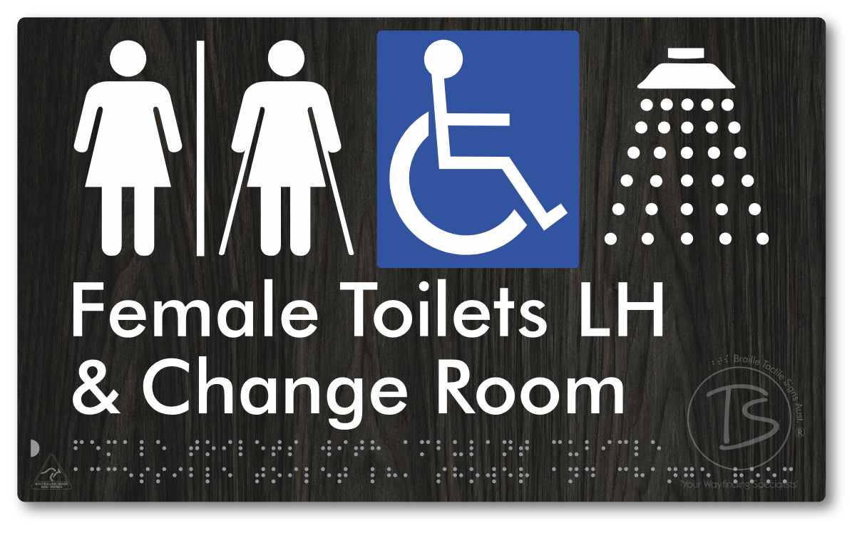 Female Toilets with Ambulant Cubicle Accessible Toilet LH, Shower and Change Room with Air Lock - Braille Tactile Signs Aust.