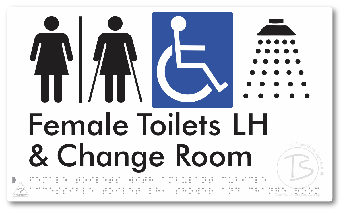 Female Toilets with Ambulant Cubicle Accessible Toilet LH, Shower and Change Room with Air Lock - Braille Tactile Signs Aust.