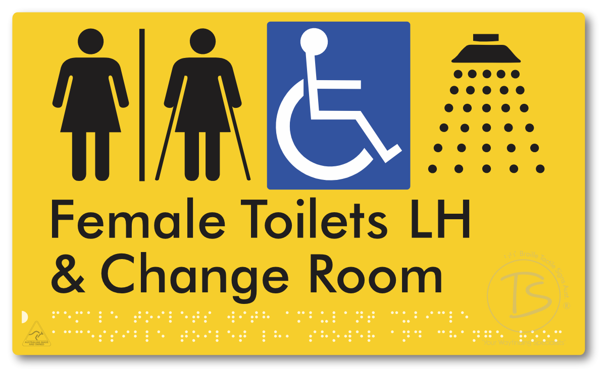 Female Toilets with Ambulant Cubicle Accessible Toilet LH, Shower and Change Room with Air Lock - Braille Tactile Signs Aust.