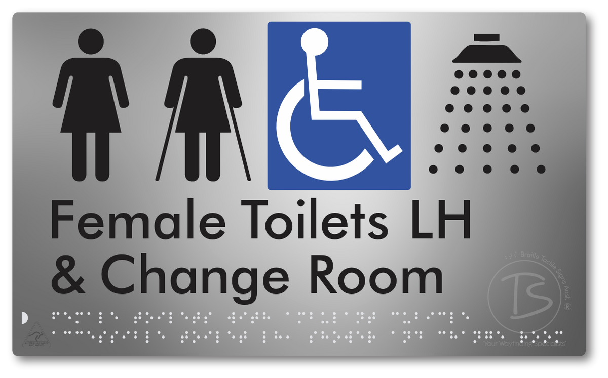 Female Toilets with Ambulant Cubicle Accessible Toilet LH, Shower and Change Room - Braille Tactile Signs Aust.