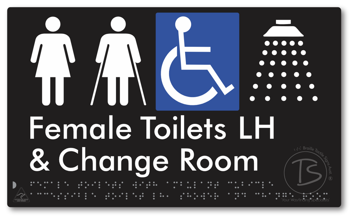 Female Toilets with Ambulant Cubicle Accessible Toilet LH, Shower and Change Room - Braille Tactile Signs Aust.