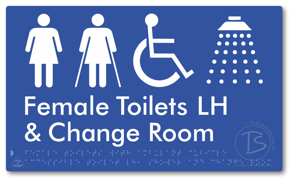 Female Toilets with Ambulant Cubicle Accessible Toilet LH, Shower and Change Room - Braille Tactile Signs Aust.