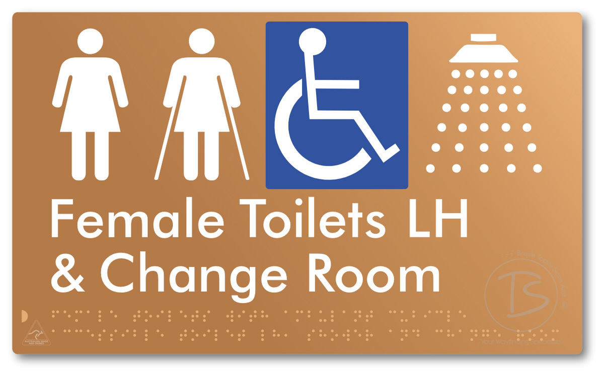 Female Toilets with Ambulant Cubicle Accessible Toilet LH, Shower and Change Room - Braille Tactile Signs Aust.