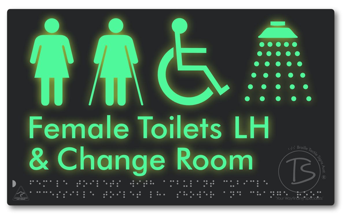 Female Toilets with Ambulant Cubicle Accessible Toilet LH, Shower and Change Room - Braille Tactile Signs Aust.