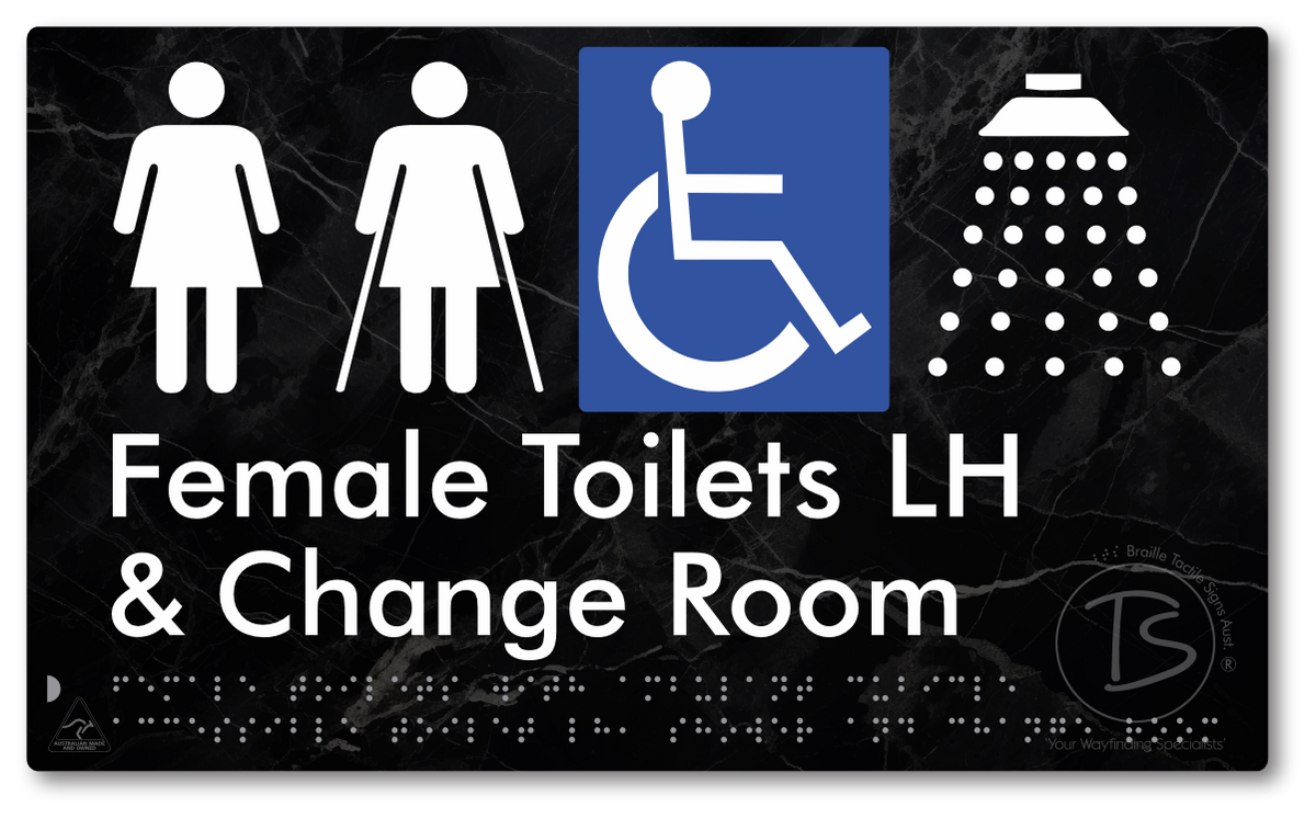 Female Toilets with Ambulant Cubicle Accessible Toilet LH, Shower and Change Room - Braille Tactile Signs Aust.
