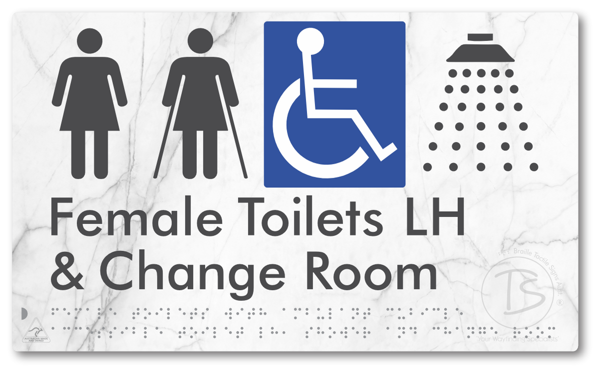 Female Toilets with Ambulant Cubicle Accessible Toilet LH, Shower and Change Room - Braille Tactile Signs Aust.