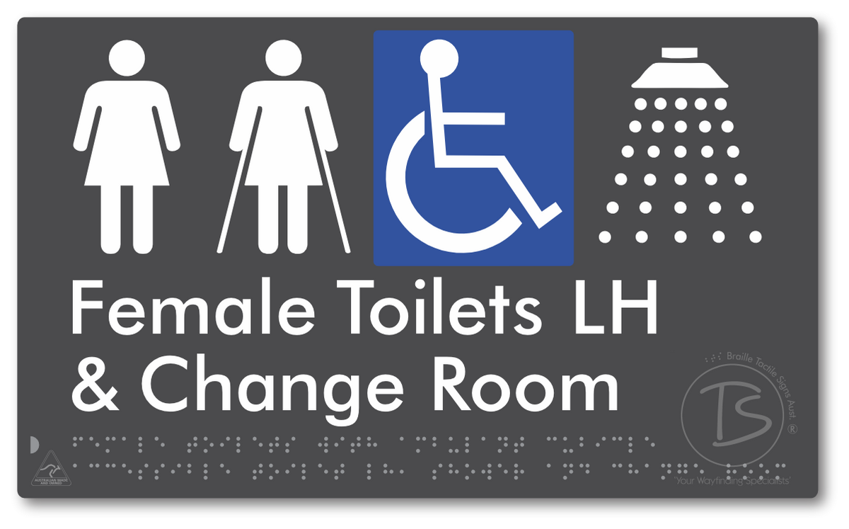 Female Toilets with Ambulant Cubicle Accessible Toilet LH, Shower and Change Room - Braille Tactile Signs Aust.