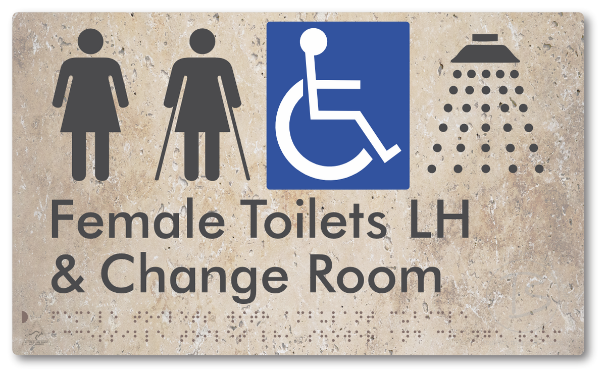 Female Toilets with Ambulant Cubicle Accessible Toilet LH, Shower and Change Room - Braille Tactile Signs Aust.
