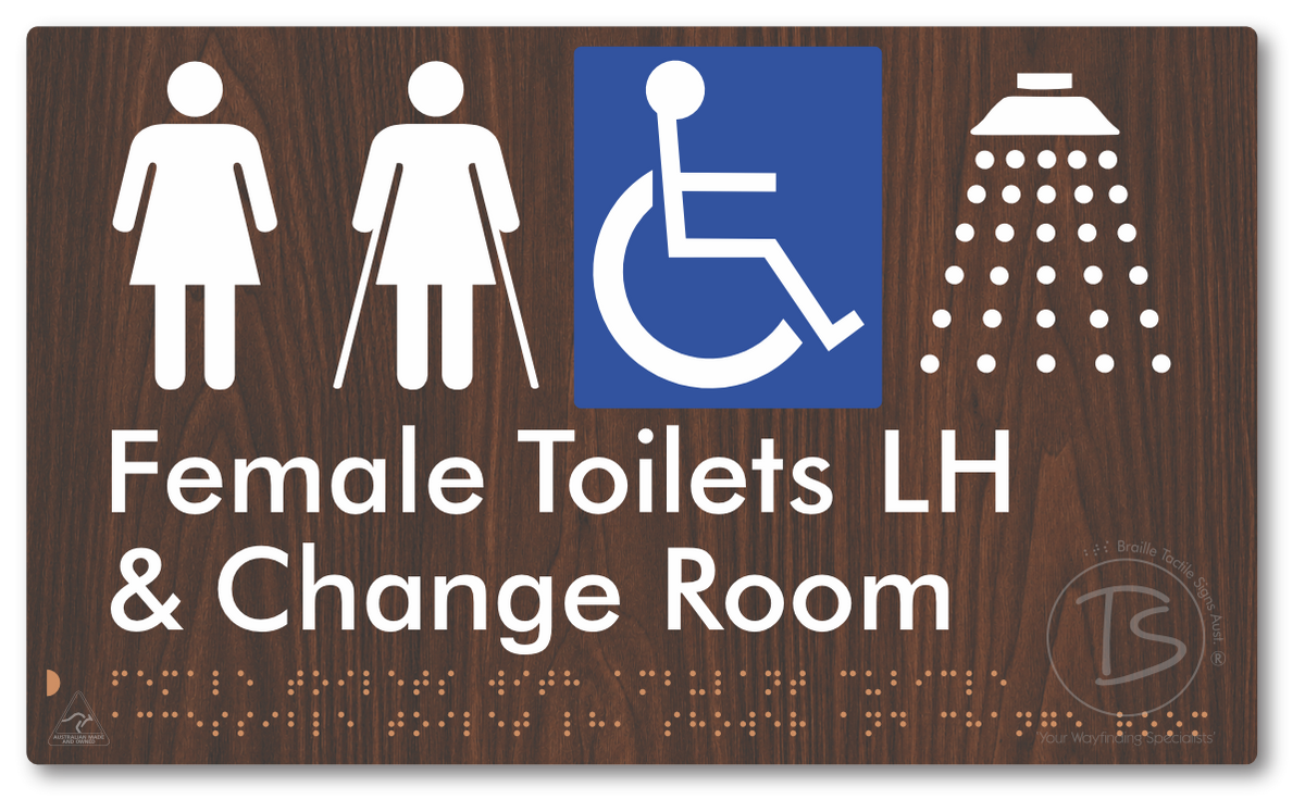 Female Toilets with Ambulant Cubicle Accessible Toilet LH, Shower and Change Room - Braille Tactile Signs Aust.