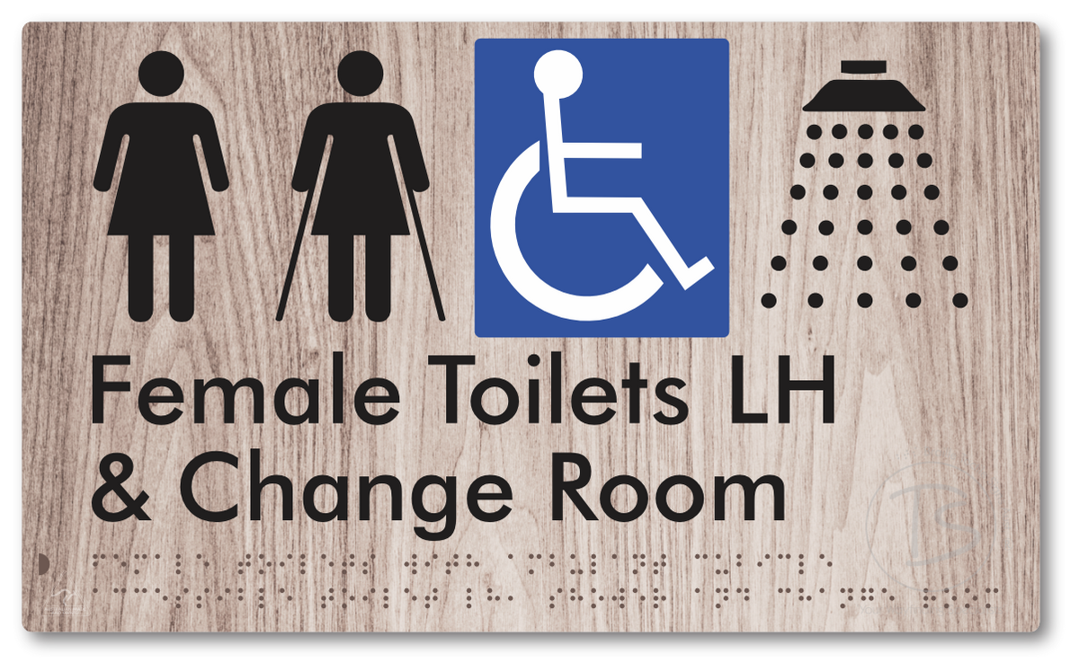 Female Toilets with Ambulant Cubicle Accessible Toilet LH, Shower and Change Room - Braille Tactile Signs Aust.