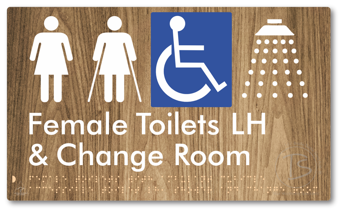 Female Toilets with Ambulant Cubicle Accessible Toilet LH, Shower and Change Room - Braille Tactile Signs Aust.