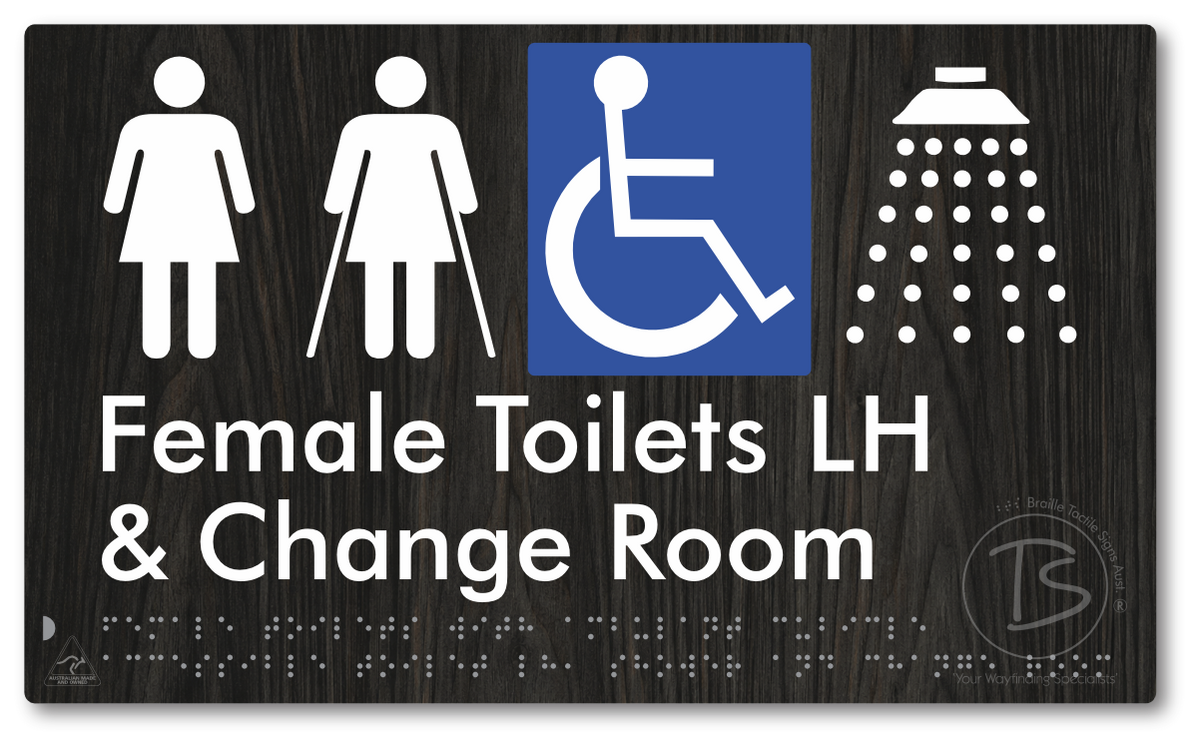 Female Toilets with Ambulant Cubicle Accessible Toilet LH, Shower and Change Room - Braille Tactile Signs Aust.