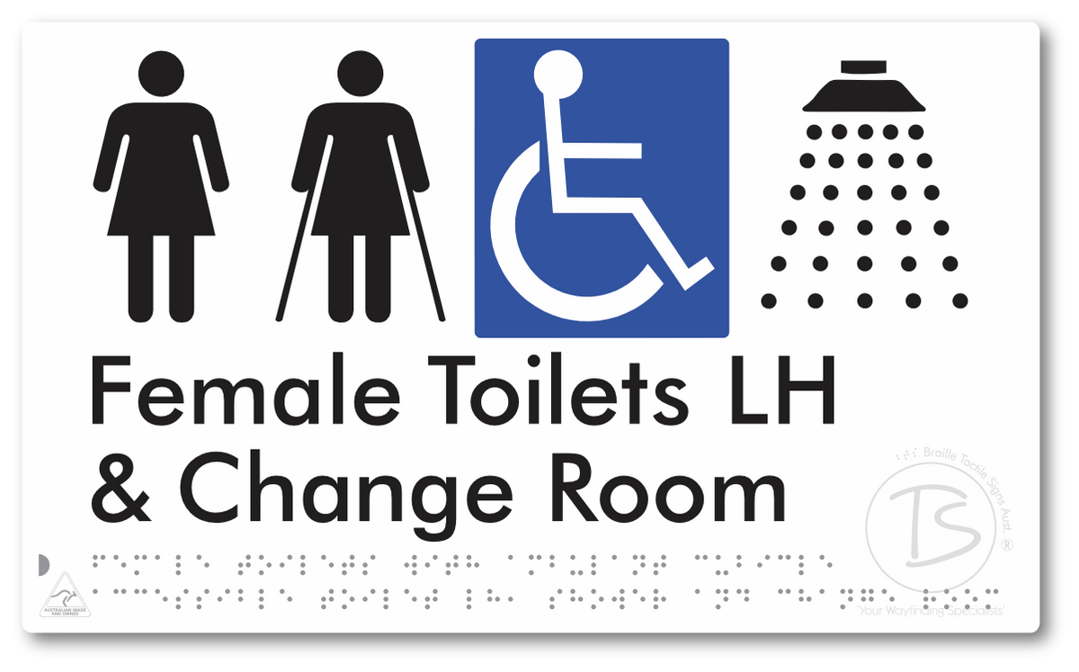 Female Toilets with Ambulant Cubicle Accessible Toilet LH, Shower and Change Room - Braille Tactile Signs Aust.