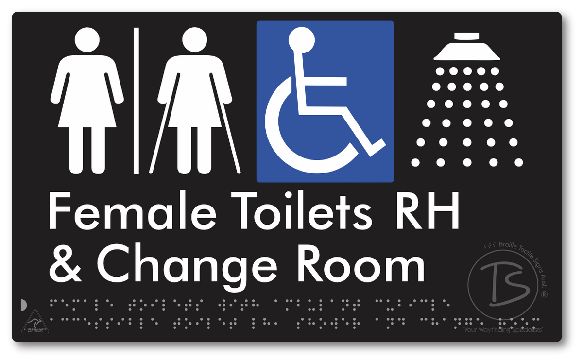 Female Toilets with Ambulant Cubicle Accessible Toilet RH, Shower and Change Room with Air Lock - Braille Tactile Signs Aust.