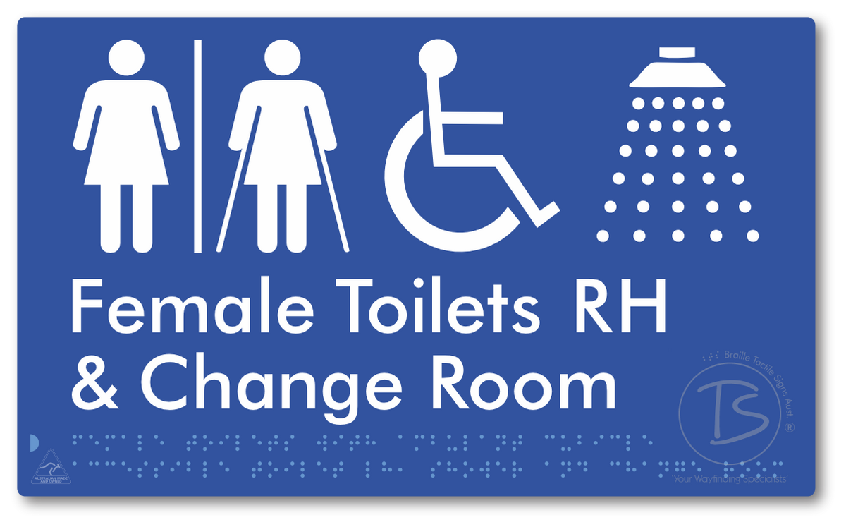 Female Toilets with Ambulant Cubicle Accessible Toilet RH, Shower and Change Room with Air Lock - Braille Tactile Signs Aust.