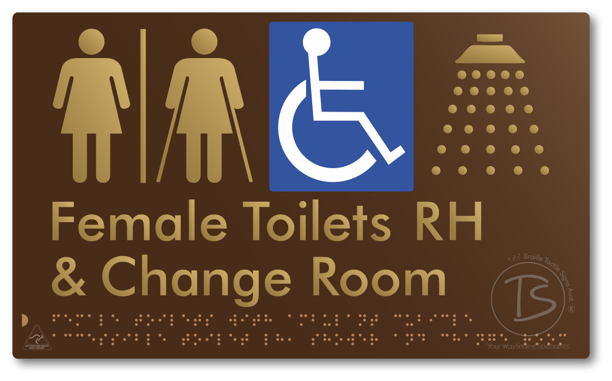 Female Toilets with Ambulant Cubicle Accessible Toilet RH, Shower and Change Room with Air Lock - Braille Tactile Signs Aust.