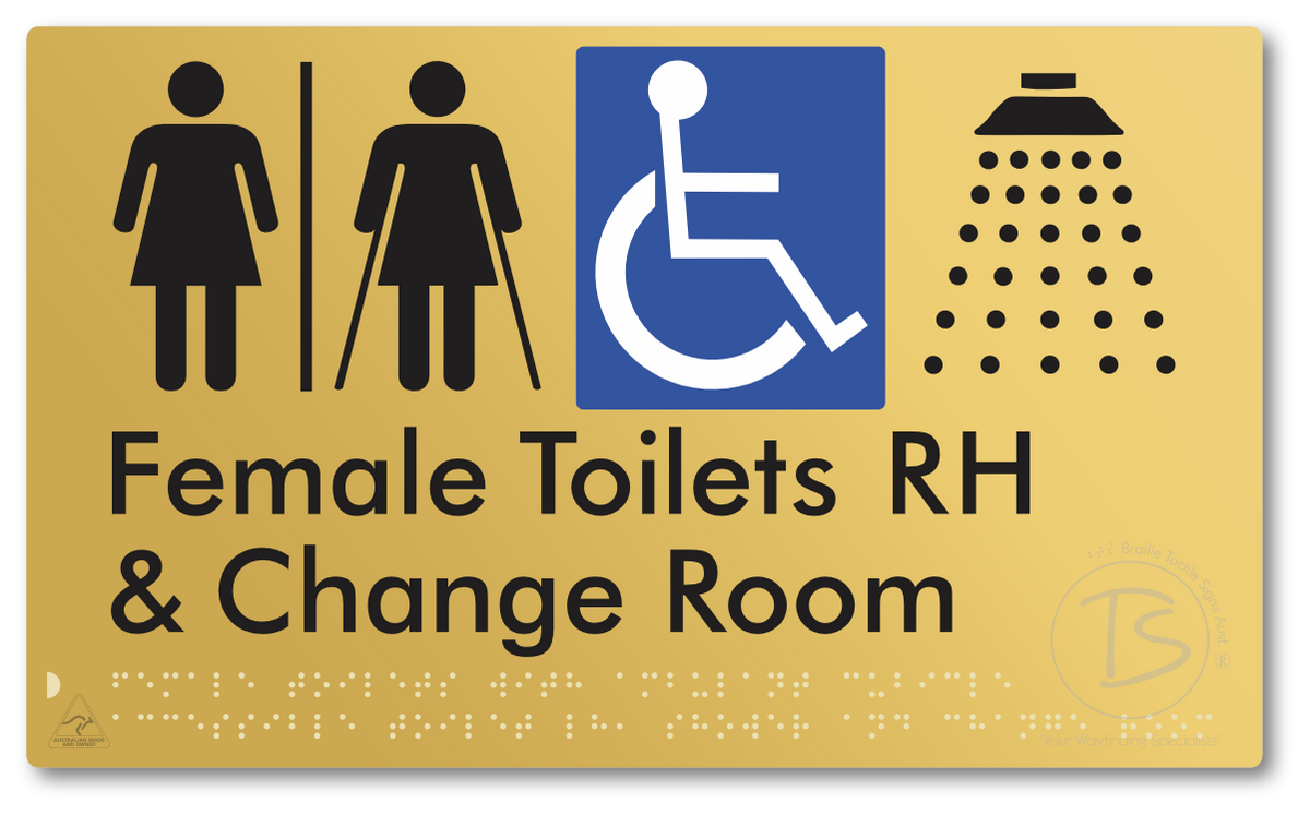 Female Toilets with Ambulant Cubicle Accessible Toilet RH, Shower and Change Room with Air Lock - Braille Tactile Signs Aust.