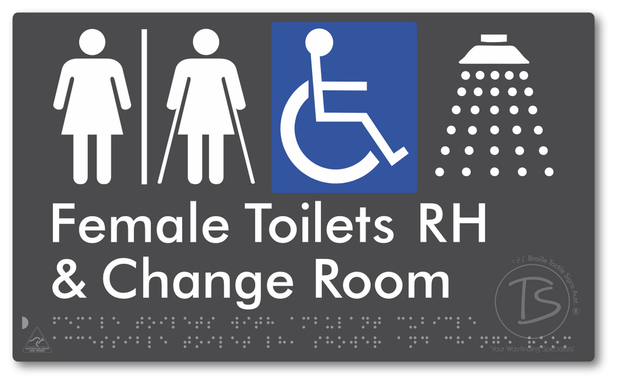 Female Toilets with Ambulant Cubicle Accessible Toilet RH, Shower and Change Room with Air Lock - Braille Tactile Signs Aust.