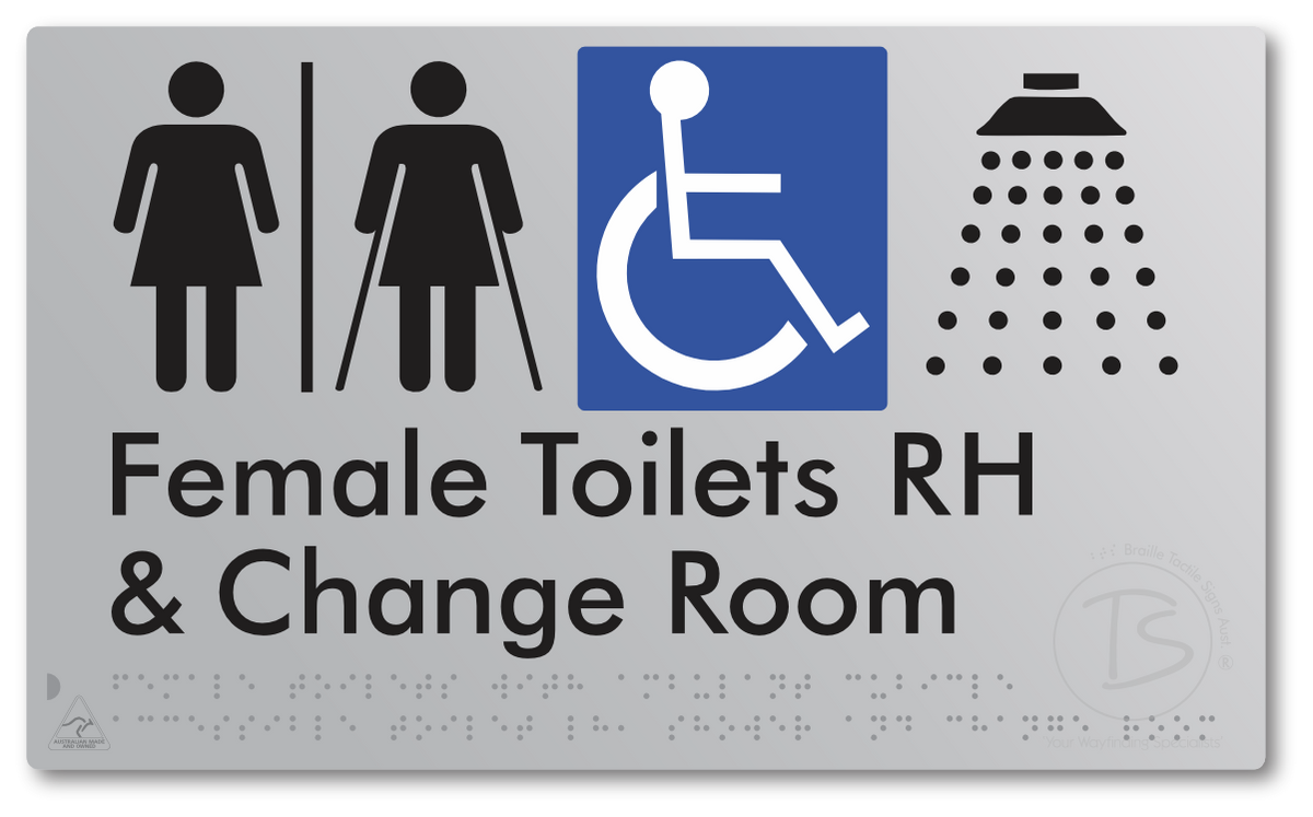 Female Toilets with Ambulant Cubicle Accessible Toilet RH, Shower and Change Room with Air Lock - Braille Tactile Signs Aust.