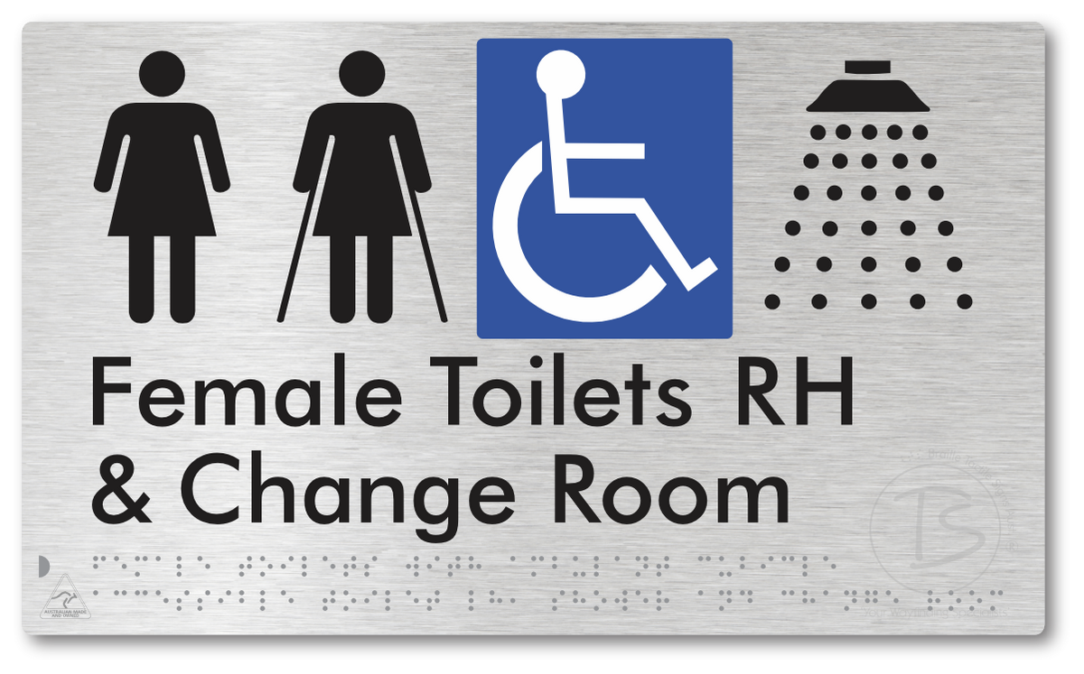 Female Toilets with Ambulant Cubicle Accessible Toilet RH, Shower and Change Room - Braille Tactile Signs Aust.