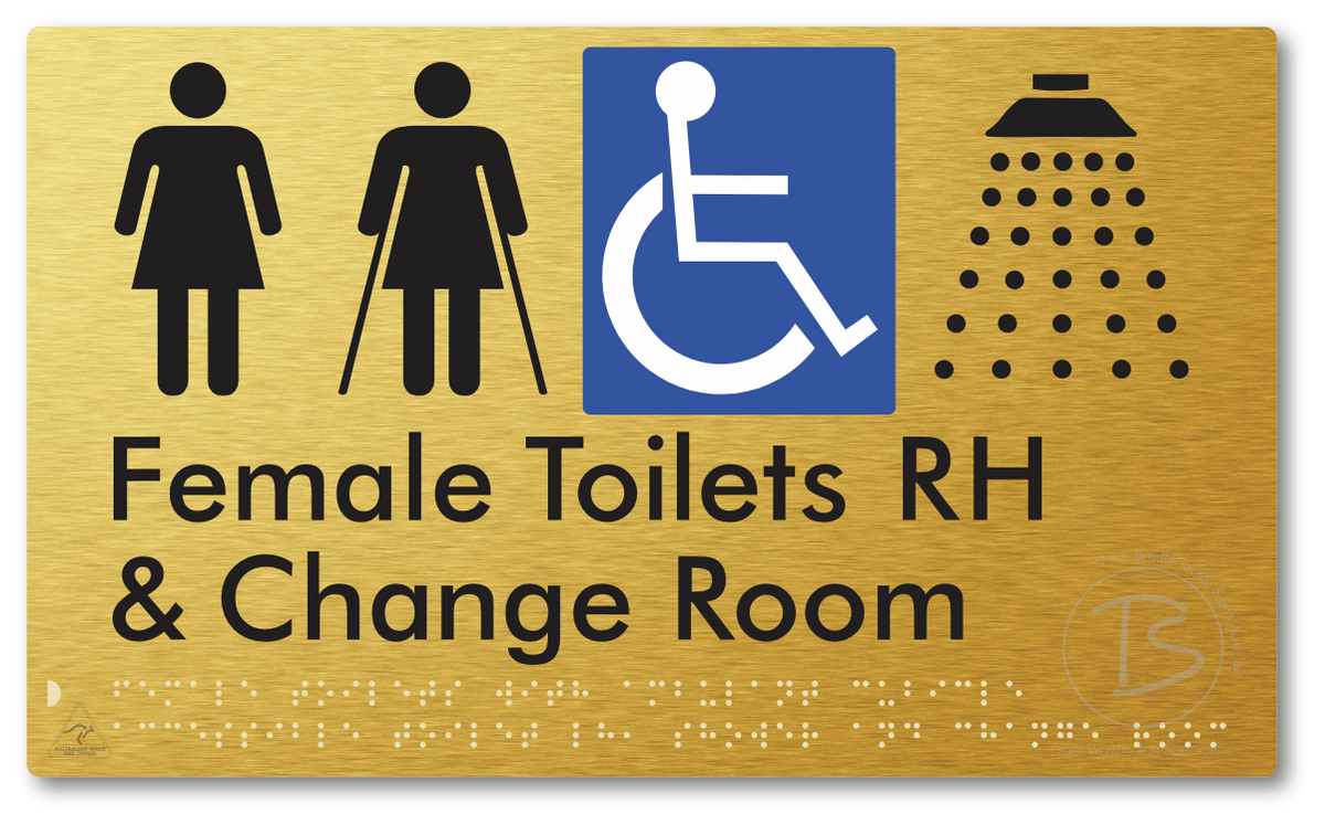 Female Toilets with Ambulant Cubicle Accessible Toilet RH, Shower and Change Room - Braille Tactile Signs Aust.