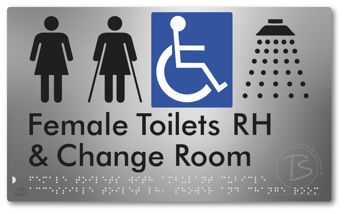 Female Toilets with Ambulant Cubicle Accessible Toilet RH, Shower and Change Room - Braille Tactile Signs Aust.