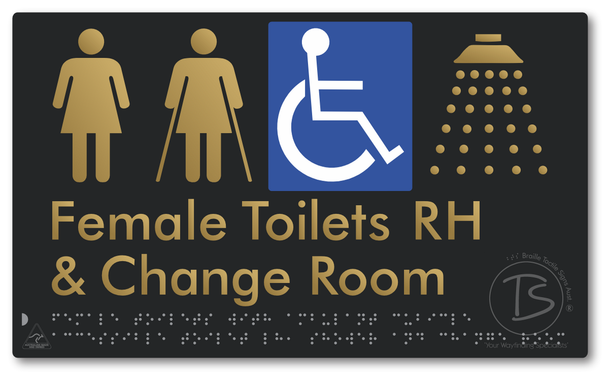 Female Toilets with Ambulant Cubicle Accessible Toilet RH, Shower and Change Room - Braille Tactile Signs Aust.