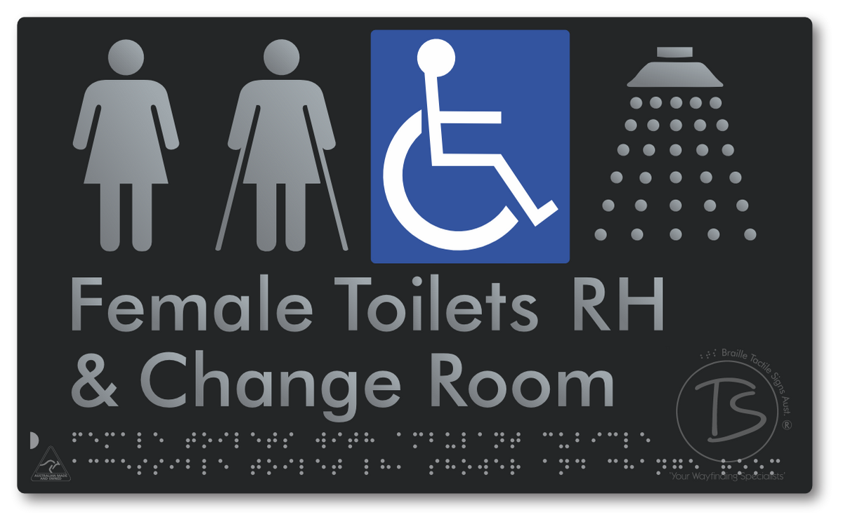 Female Toilets with Ambulant Cubicle Accessible Toilet RH, Shower and Change Room - Braille Tactile Signs Aust.