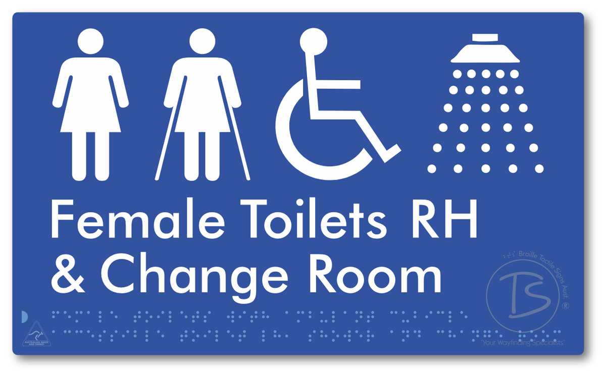 Female Toilets with Ambulant Cubicle Accessible Toilet RH, Shower and Change Room - Braille Tactile Signs Aust.
