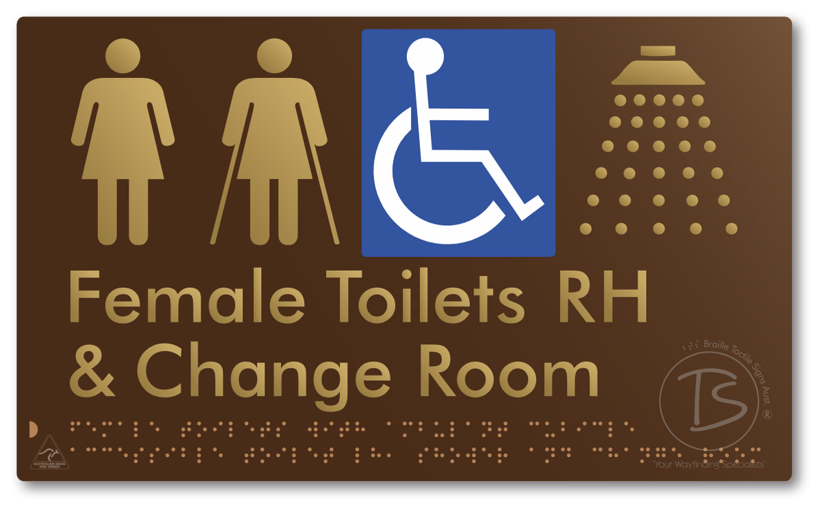Female Toilets with Ambulant Cubicle Accessible Toilet RH, Shower and Change Room - Braille Tactile Signs Aust.