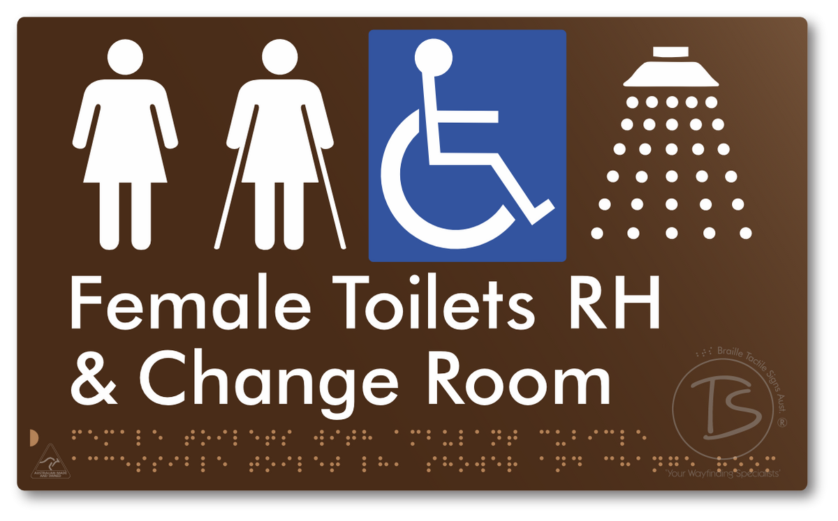 Female Toilets with Ambulant Cubicle Accessible Toilet RH, Shower and Change Room - Braille Tactile Signs Aust.