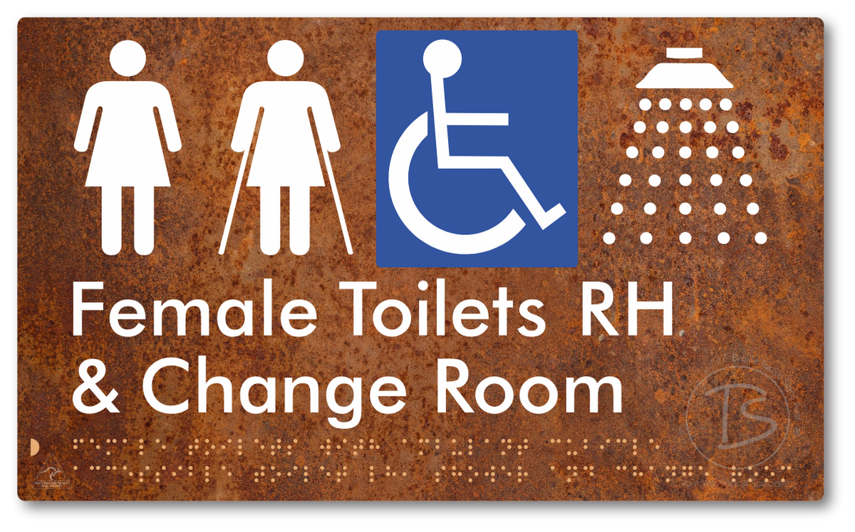Female Toilets with Ambulant Cubicle Accessible Toilet RH, Shower and Change Room - Braille Tactile Signs Aust.