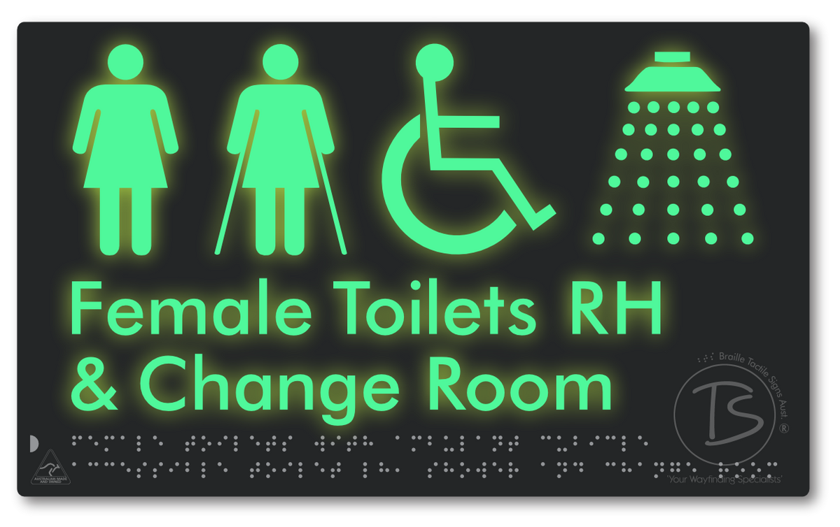 Female Toilets with Ambulant Cubicle Accessible Toilet RH, Shower and Change Room - Braille Tactile Signs Aust.