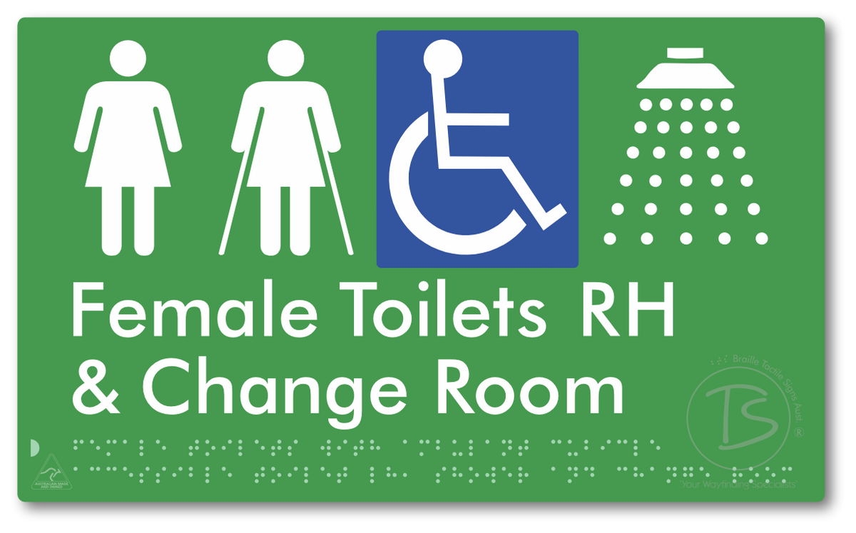 Female Toilets with Ambulant Cubicle Accessible Toilet RH, Shower and Change Room - Braille Tactile Signs Aust.