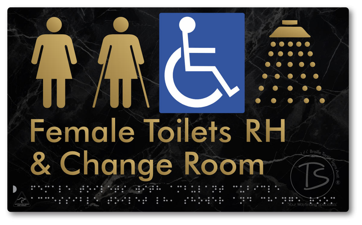 Female Toilets with Ambulant Cubicle Accessible Toilet RH, Shower and Change Room - Braille Tactile Signs Aust.