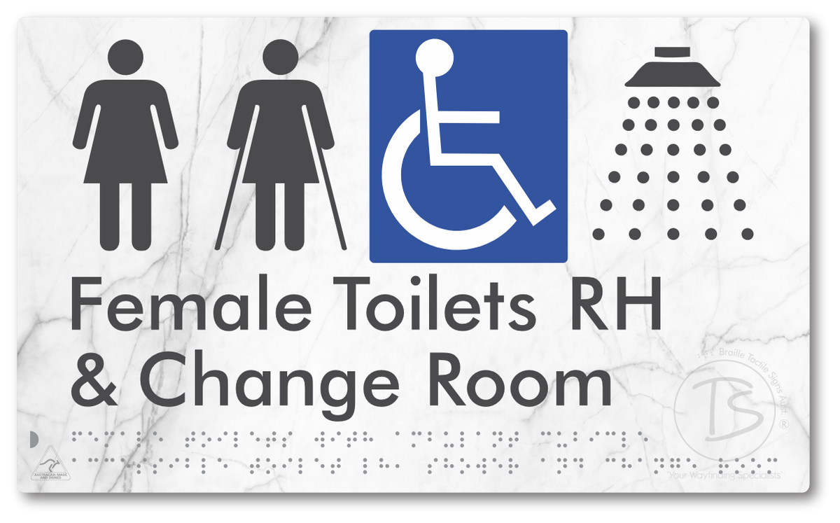 Female Toilets with Ambulant Cubicle Accessible Toilet RH, Shower and Change Room - Braille Tactile Signs Aust.