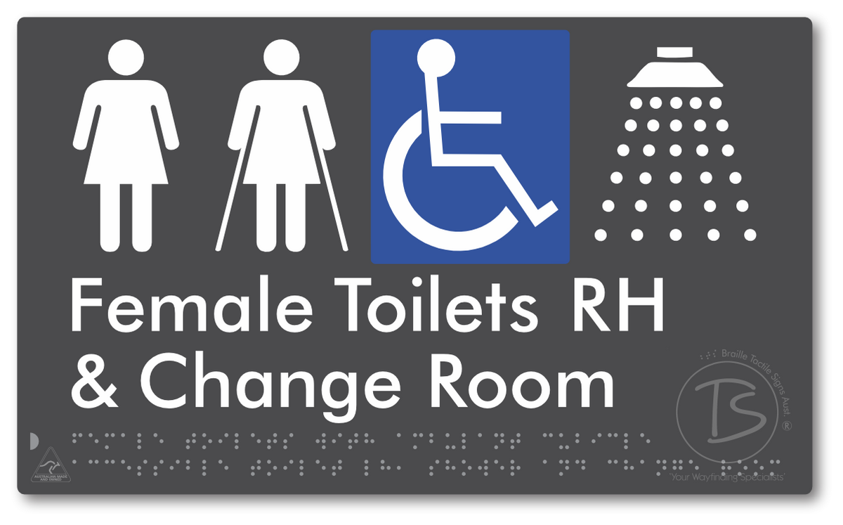 Female Toilets with Ambulant Cubicle Accessible Toilet RH, Shower and Change Room - Braille Tactile Signs Aust.