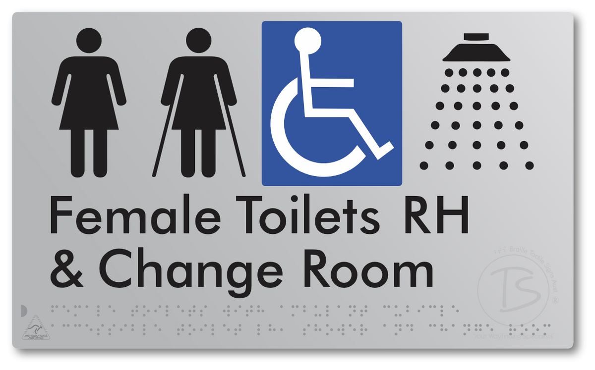 Female Toilets with Ambulant Cubicle Accessible Toilet RH, Shower and Change Room - Braille Tactile Signs Aust.