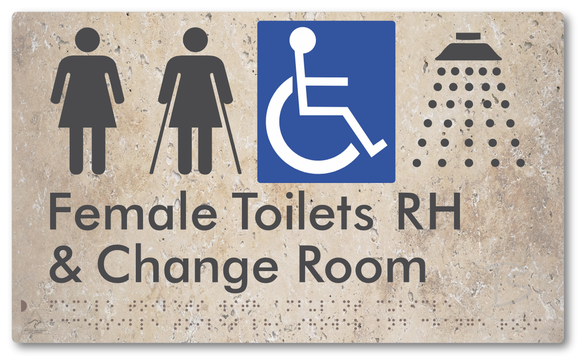 Female Toilets with Ambulant Cubicle Accessible Toilet RH, Shower and Change Room - Braille Tactile Signs Aust.