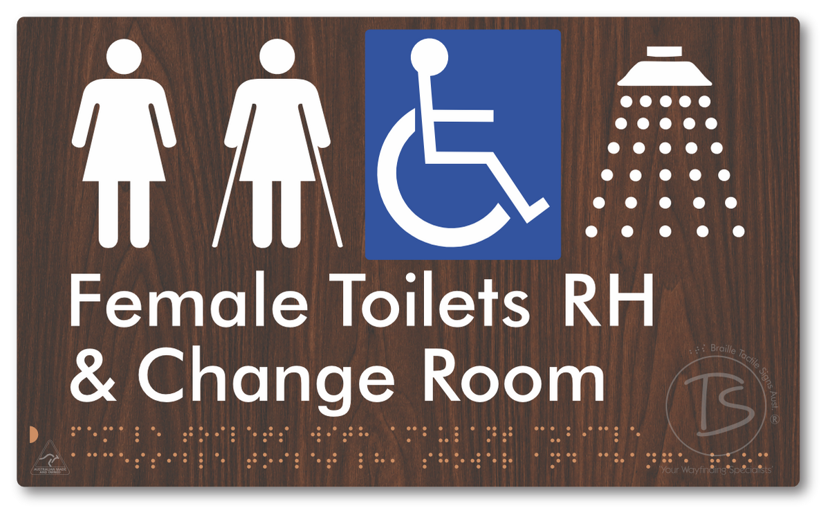 Female Toilets with Ambulant Cubicle Accessible Toilet RH, Shower and Change Room - Braille Tactile Signs Aust.