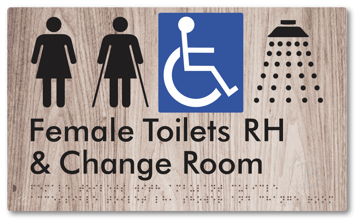Female Toilets with Ambulant Cubicle Accessible Toilet RH, Shower and Change Room - Braille Tactile Signs Aust.