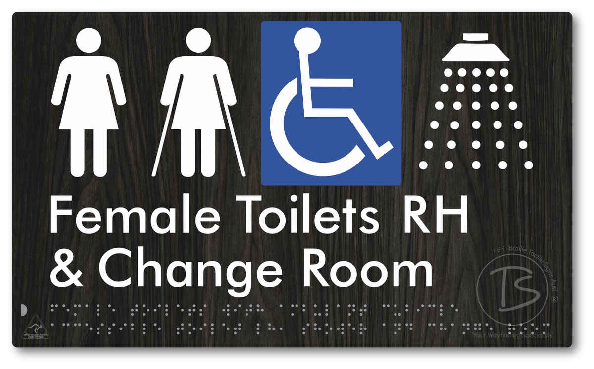 Female Toilets with Ambulant Cubicle Accessible Toilet RH, Shower and Change Room - Braille Tactile Signs Aust.