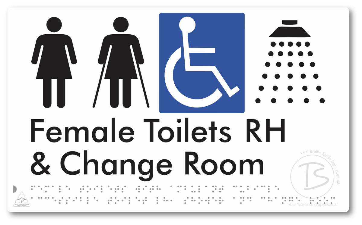 Female Toilets with Ambulant Cubicle Accessible Toilet RH, Shower and Change Room - Braille Tactile Signs Aust.