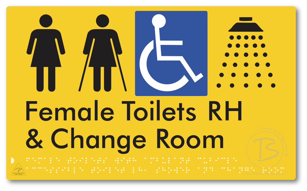 Female Toilets with Ambulant Cubicle Accessible Toilet RH, Shower and Change Room - Braille Tactile Signs Aust.
