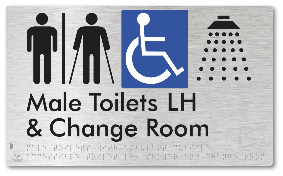 Male Toilets with Ambulant Cubicle Accessible Toilet LH, Shower and Change Room with Air Lock - Braille Tactile Signs Aust.