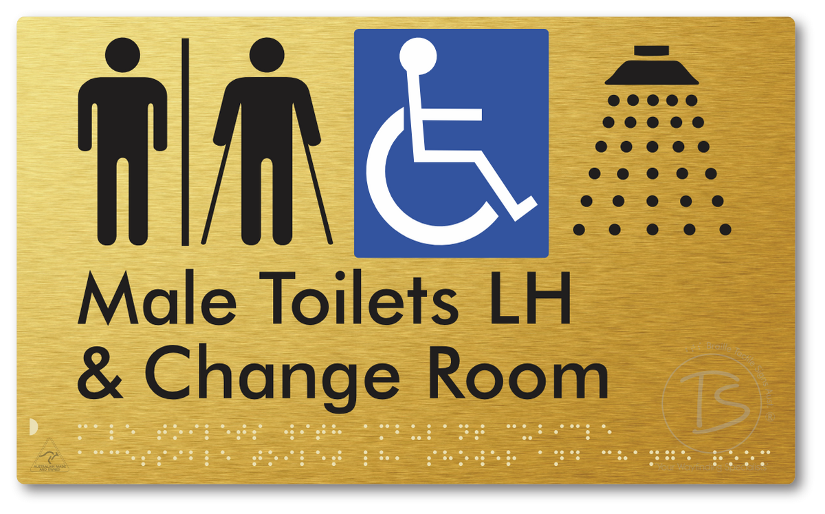 Male Toilets with Ambulant Cubicle Accessible Toilet LH, Shower and Change Room with Air Lock - Braille Tactile Signs Aust.