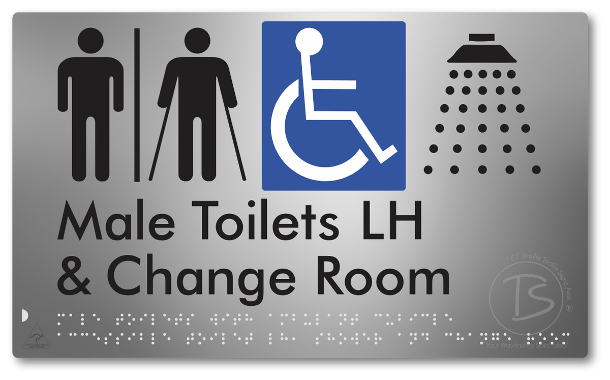 Male Toilets with Ambulant Cubicle Accessible Toilet LH, Shower and Change Room with Air Lock - Braille Tactile Signs Aust.